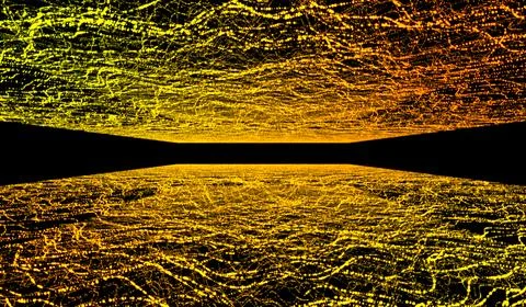 3D abstract digital technology yellow-orange network wave on black background 스톡 일러스트