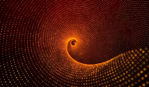 3D abstract digital technology yellow-orange particles network on red backg.. 库存插图