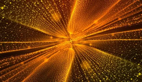 3D abstract digital technology yellow-orange particles network on red backg.. Stock Illustration