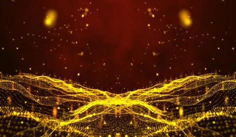 3D abstract digital technology yellow-orange particles network wave on red .. Stockillustratie