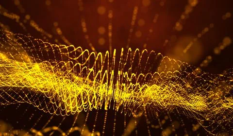 3D abstract digital technology yellow-orange particles network wave on red .. Stockillustratie