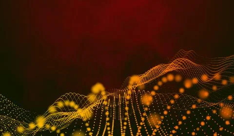 3D abstract digital technology yellow-orange particles network wave on red .. Stock Illustration