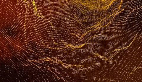 3D abstract digital technology yellow-orange particles network wave on red .. Stockillustratie