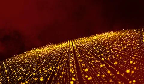 3D abstract digital technology yellow-orange particles network wave on red .. Stockillustratie