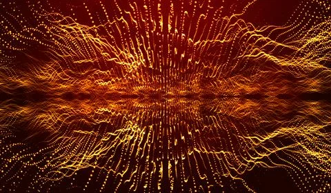 3D abstract digital technology yellow-orange particles network wave on red .. Ilustração Stock