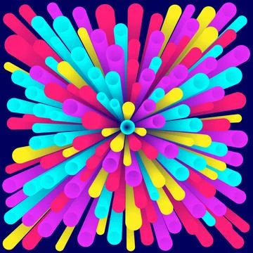 3D abstract explosion of colorful rounded cylinders with neon pink blue and.. Stockillustratie