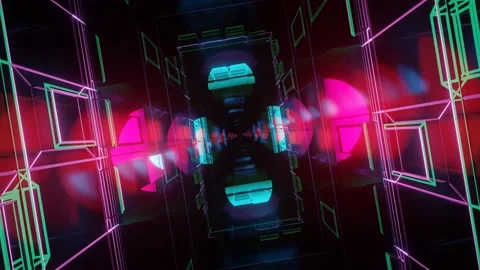 3d abstract fly through geometry tunnel with neon glow sci fi glow pattern Stock Footage 210851998