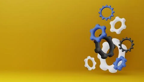 3D abstract gears in blue, black, and white on yellow background. Perfect for Stock Illustration