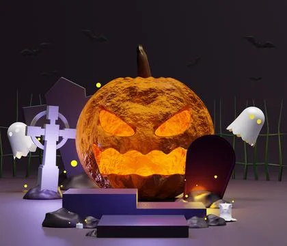 3D Abstract Halloween theme background of empty podium display for products.. Stock Illustration