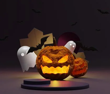 3D Abstract Halloween theme background of empty podium display for products.. Stock Illustration