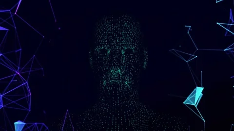 3D abstract human silhouette streaming green binary code, showing neon purple Stock Footage 326189436