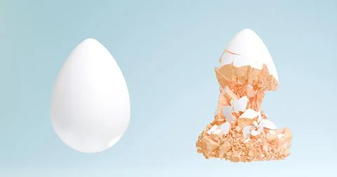 3d abstract illustration of a white egg collapsing. The concept of fragility, Stock Illustration