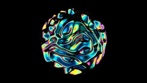 3D Abstract iridescent wavy sphere black background. Vibrant liquid reflection Stockillustratie