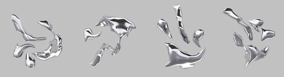 3d abstract liquid chrome y2k shapes with drops. Silver metal fluid spills 스톡 일러스트