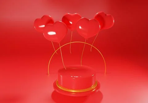 3D abstract love background. Red podium with golden balloons hearts . Valenti Stock Illustration