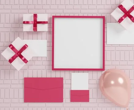 3d abstract minimal geometric forms. Blank frame for mock up. Happy Valentine Stock Illustration