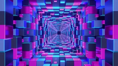 3d abstract multicolor cube block tunnel loop with vibrant neon glowing lights Stockbeeldmateriaal 317132563