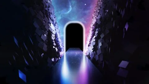 3d abstract neon background glowing rectangular portal in cyber space virtual Stock Illustration
