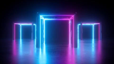3d abstract neon background, square arch, pink blue glowing lines Stock Illustration