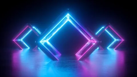 3d abstract neon background, square shapes, rhombus arch, pink blue glowing Stock Illustration