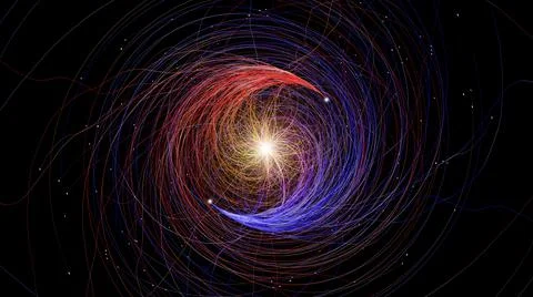 3d abstract neon data background. Colored glowing energy lines, spheres and Stock Illustration