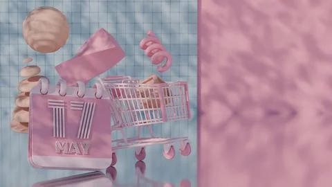 3D Abstract Pink Calendar for May 17 with Shopping Cart Stock Illustration