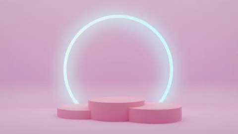 3d abstract pink podiums with light blue ring light Stock Illustration