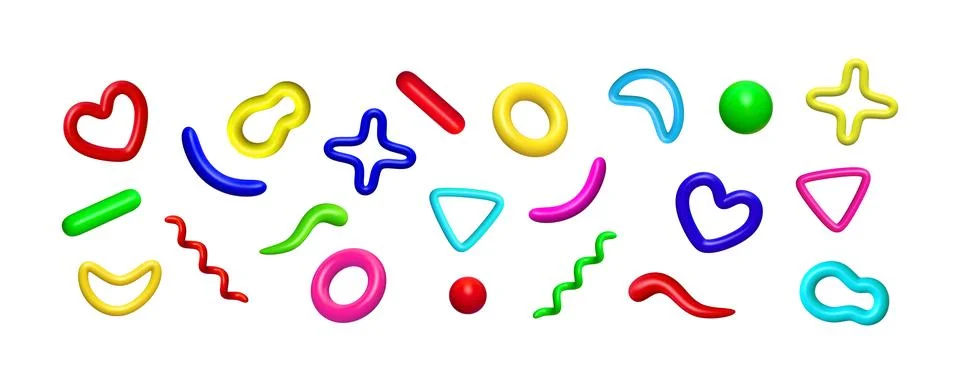 3d abstract plastic doodles set. Colorful hand drawn geometric shapes realistic Stock Illustration