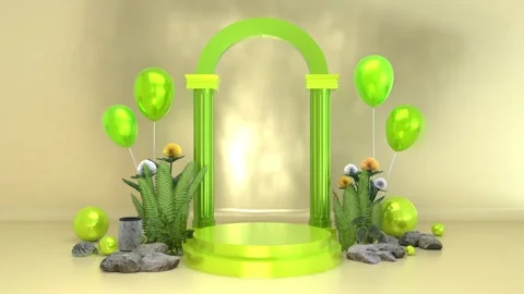 3D abstract render archway green podium background display with arch, plant.. Stockbeeldmateriaal 317645299