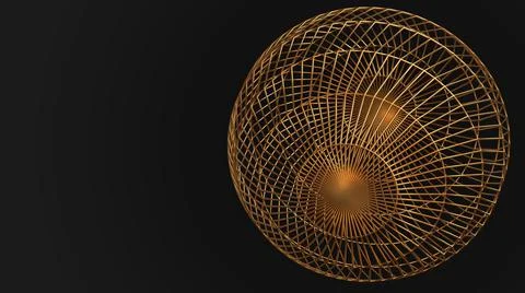 3D Abstract Render, golden sphere line object, black background Stock Illustration