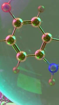 3D abstract render of serotonin molecule zoomed at atomic level inside tran.. Stock Illustration