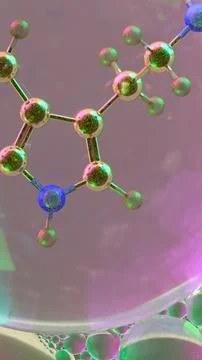 3D abstract render of serotonin molecule zoomed at atomic level inside tran.. Stock Illustration