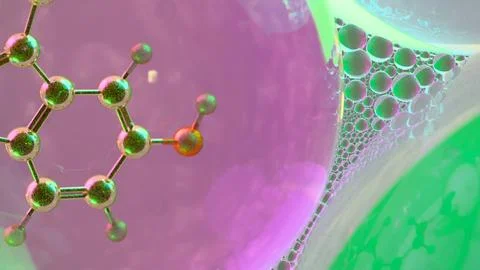 3D abstract render of serotonin molecule zoomed at atomic level inside tran.. Stock Illustration