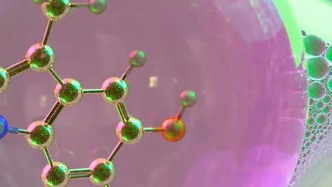 3D abstract render of serotonin molecule zoomed at atomic level inside tran.. Stock Illustration