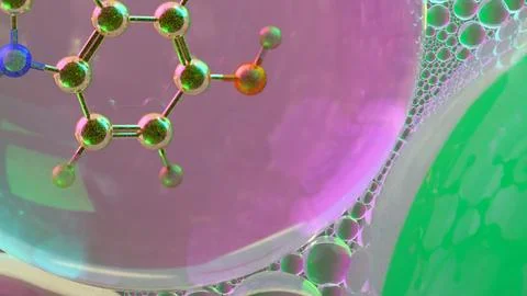 3D abstract render of serotonin molecule zoomed at atomic level inside tran.. Stock Illustration