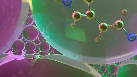 3D abstract render of serotonin molecule zoomed at atomic level inside tran.. Stock Illustration