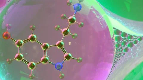 3D abstract render of serotonin molecule zoomed at atomic level inside tran.. Stock Illustration