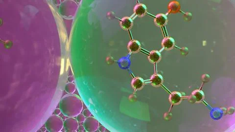 3D abstract render of serotonin molecule zoomed at atomic level inside tran.. Stock Illustration