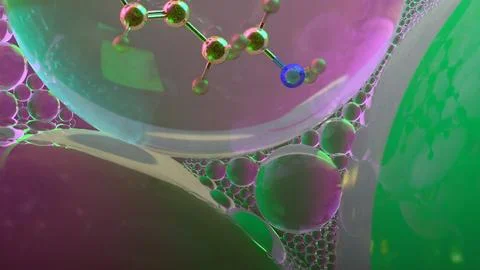 3D abstract render of serotonin molecule zoomed at atomic level inside tran.. 스톡 일러스트