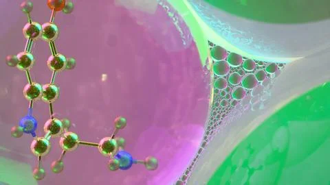 3D abstract render of serotonin molecule zoomed at atomic level inside tran.. Stock Illustration