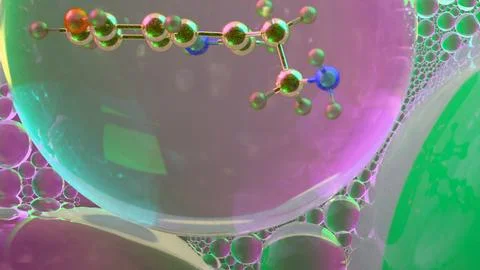 3D abstract render of serotonin molecule zoomed at atomic level inside tran.. Illustrazione stock