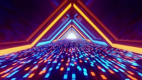 3D abstract of running in a triangle shape tunnel with neon lights glowing in Stock Footage 254889255