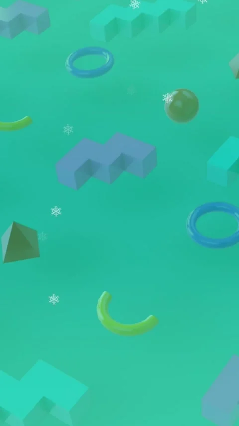 3D abstract shapes animate with snowflakes on a rotating blue backdrop. Stock Footage 343615529