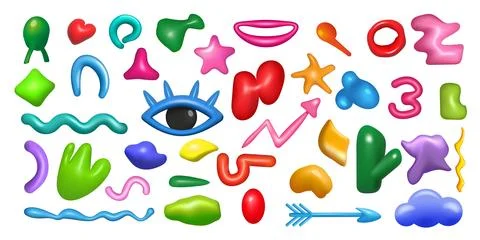 3D abstract shapes. Doodle liquid art. Cartoon eye and arrows. Fluid geometric イラスト素材