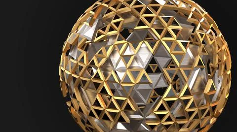 3D Abstract shinning metallic triangle sphere, with black background Stock Illustration