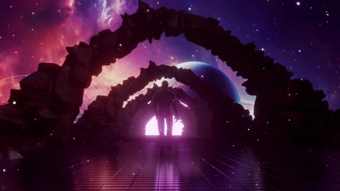 3D abstract of a silhouetted man walking on arch dark frames neon lights tunnel Video stock 254889359