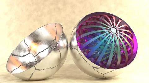 3D Abstract silver Metallic half ball object, with metallic sphere inside Stock Illustration