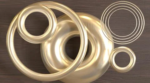 3d Abstract silver metallic ring and torus, with wooden background Illustrazione stock