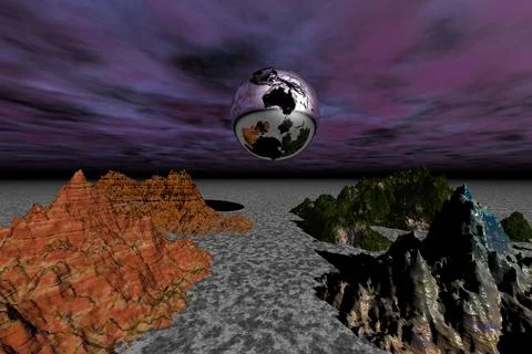 3D abstract silvery sphere in the sky above the rocks Stock Illustration