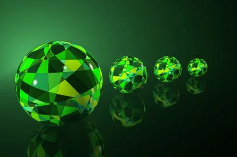 3D abstract spheres with an angular pattern in green light on a dark background Illustrazione stock